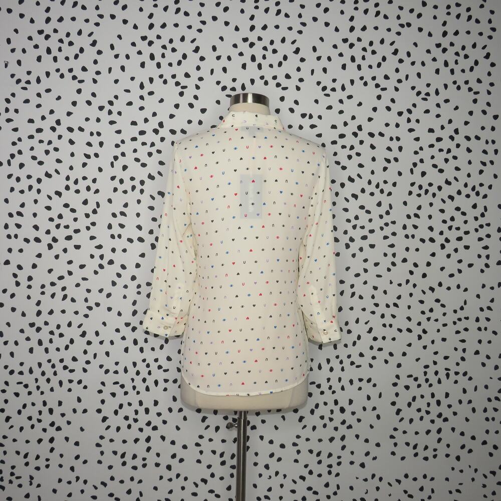 Modcloth Eye Love U Tie Neck Quirky Print 3/4 Sleeve Blouse - Picture 6 of 10
